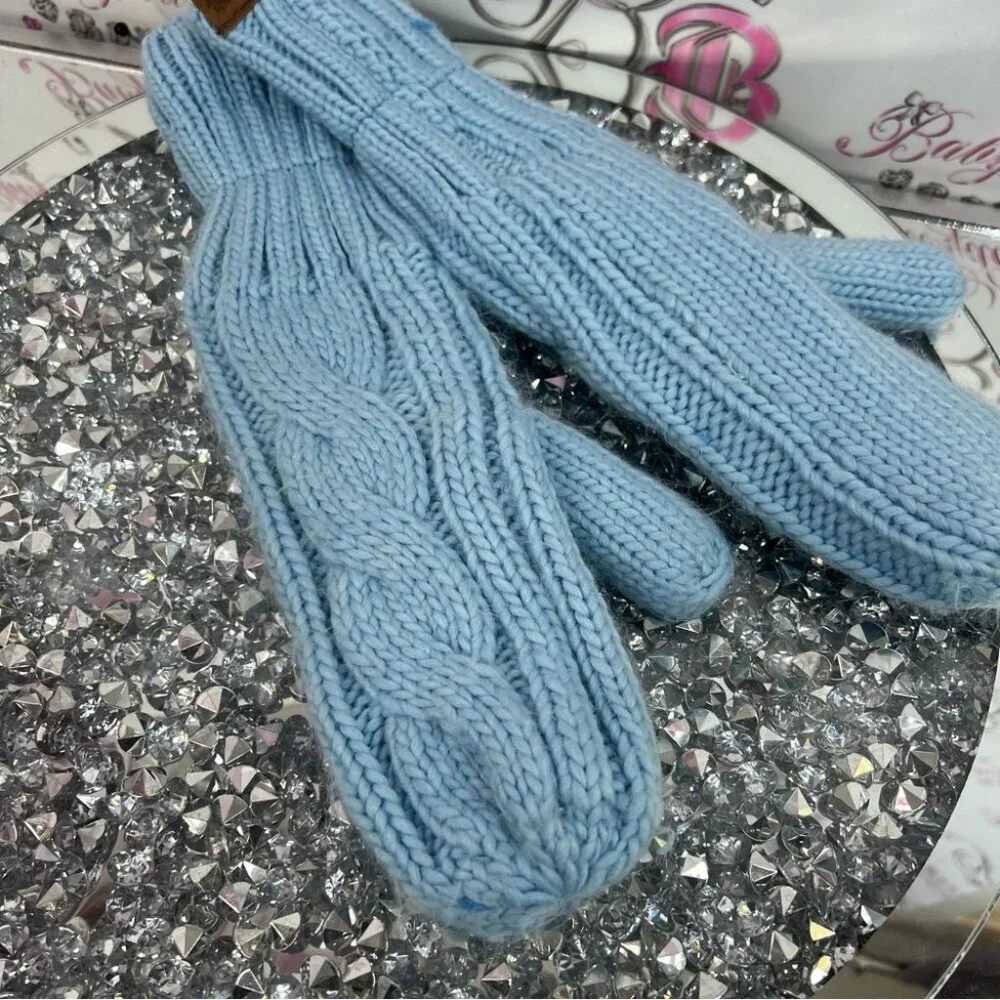 Roots mitts gloves knitted knit crochet warm cozy Light Blue Knit Mittens